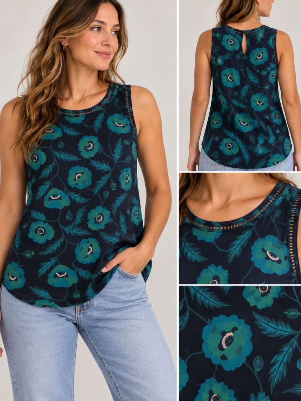 J.Crew Women’s Navy Teal Floral Sleeveless Blouse Top Size 00